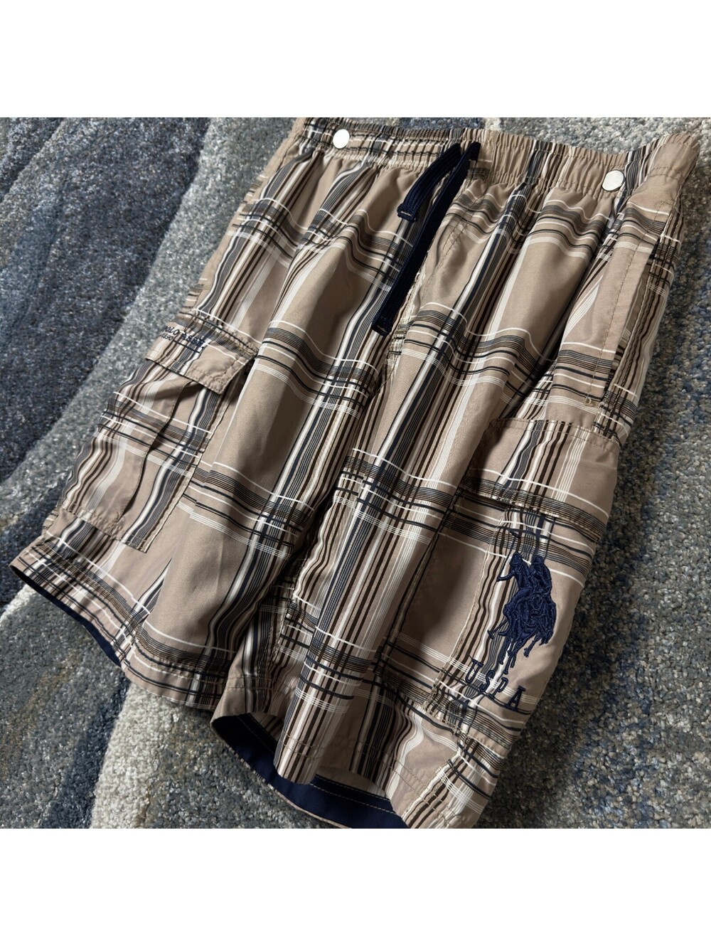 US Polo Assn Plaid Swim Trunks Mens L Tan Navy Board Shorts